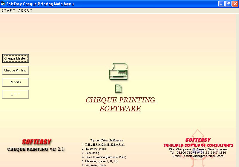 Main Menu with Cheque Master Highlighted Screen of Cheque Printing Software