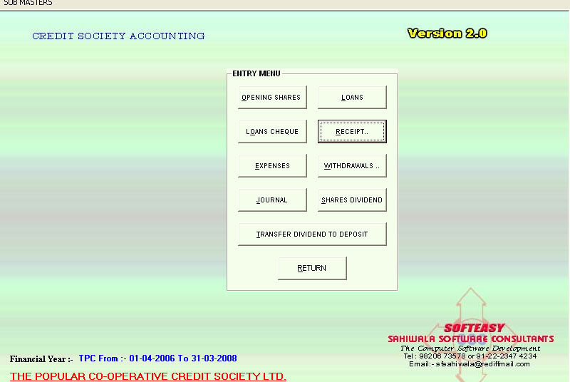 Receipt Main Menu of Society Accounts Software