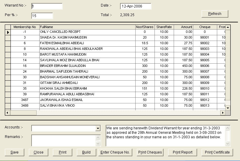 Share Dividend Data Entry Screen of Society Accounting Software