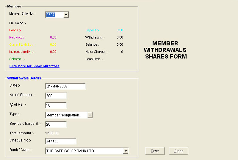 Withdrawals for Shares of Co-Operative Society Members Software