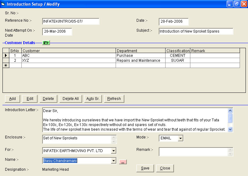 Introduction Letter Data Entry Screen of Sales Force Contact Management Software