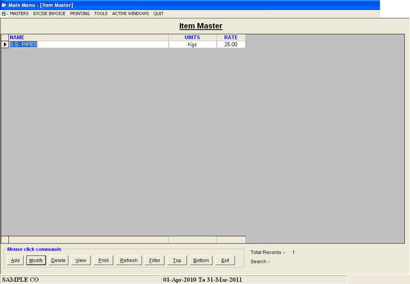 Item Master Records Screen of Excise Dealers Software