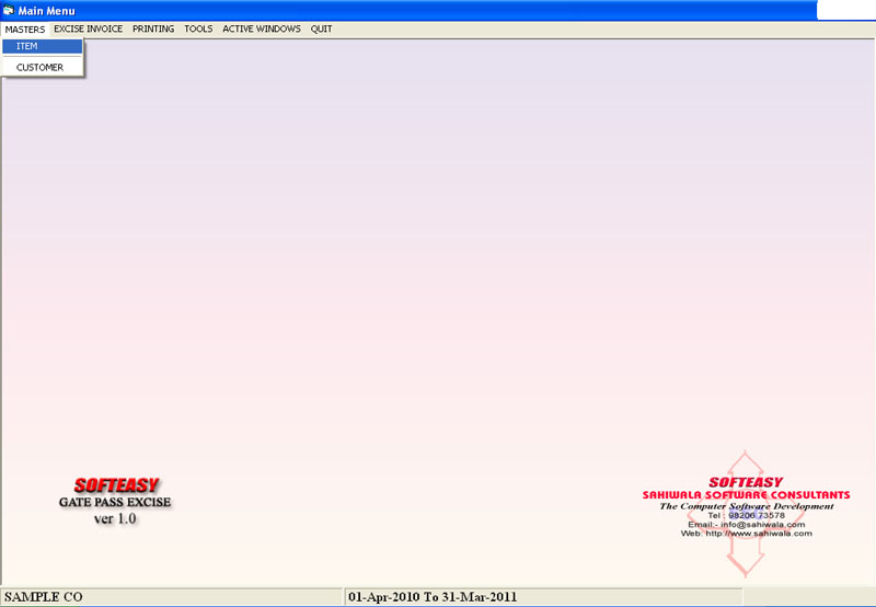 Main Menu with Master Item Highlighted screen of Excise Billing Management Software
