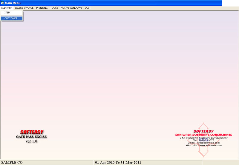 Main Menu With Customer Highlighted Screen of Excise Manufacturers Softwares