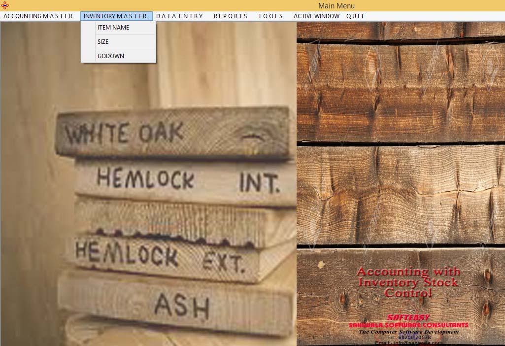 Main Menu Screen with Menu Inventory Master highlighted of Timber ERP Software