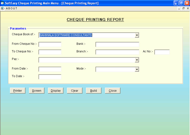 Cheque Search Screen of software for Cheque Printing 