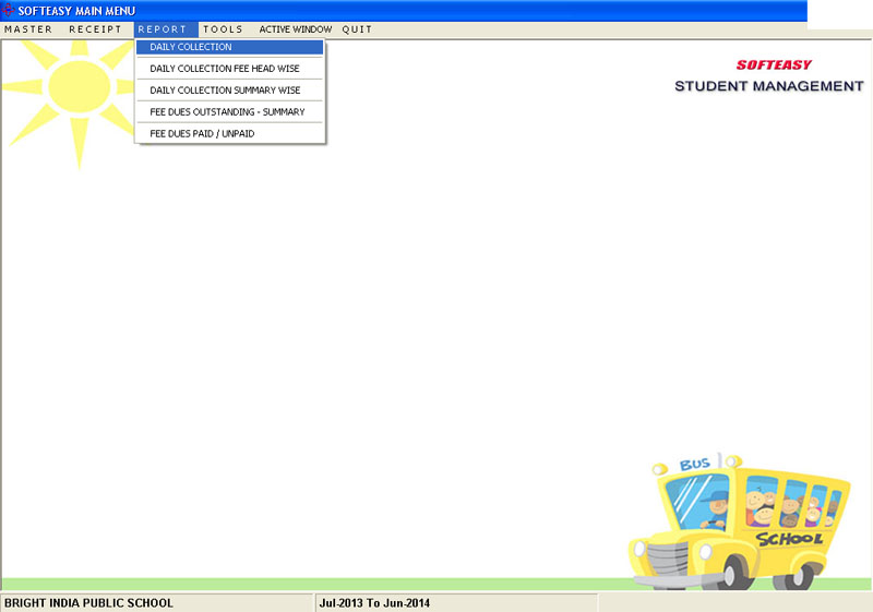 Main Menu Reports Highlighting of School /College Fees Tracking and Accounting Software